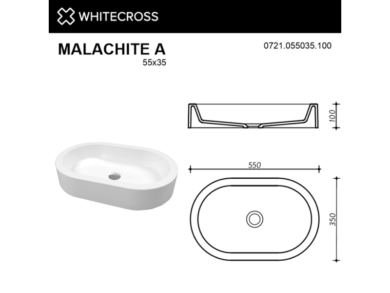 Купить Раковина Whitecross Malachite A, 55 х 35 см, накладная, белая, 0721.055035.100