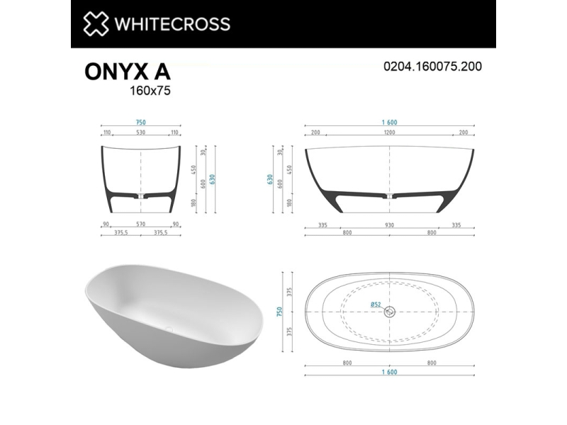 Купить Ванна из искусственного камня Whitecross Onyx A, 160 х 75 см, белая матовая, 0204.160075.200