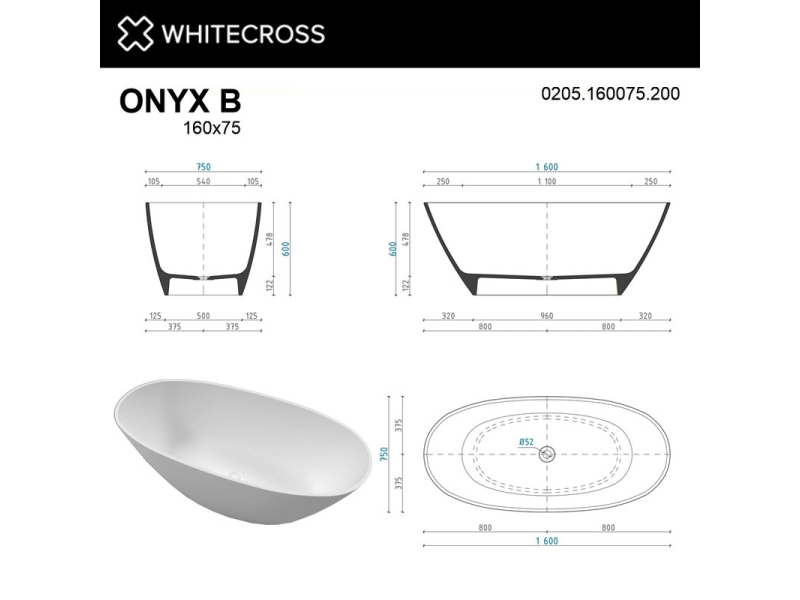 Купить Ванна из искусственного камня Whitecross Onyx B, 160 х 75 см, белая матовая, 0205.160075.200