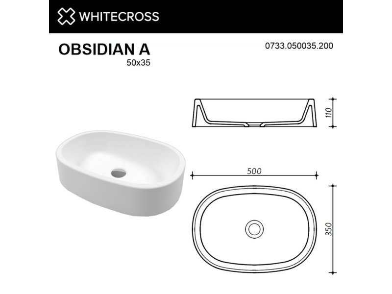 Купить Раковина Whitecross Obsidian A, 50 х 35 см, накладная, белая матовая, 0733.050035.200