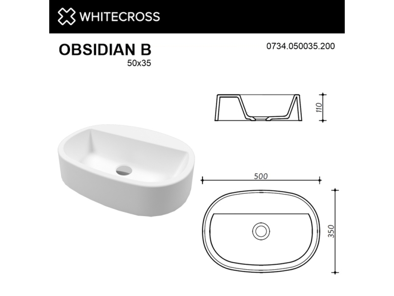 Купить Раковина Whitecross Obsidian B, 50 х 35 см, накладная, белая матовая, 0734.050035.200