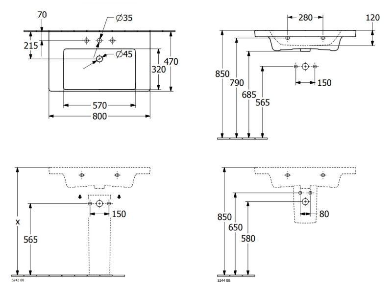 Купить Раковина Villeroy&Boch Subway 3.0, 80 см, альпийский белый, 4A708001