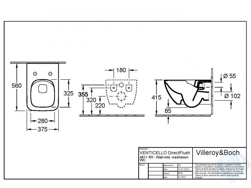 Купить Подвесной безободковый унитаз Villeroy&Boch Venticello 4611RSR1 с сиденьем микролифт, c покрытием CeramicPlus, альпийский белый