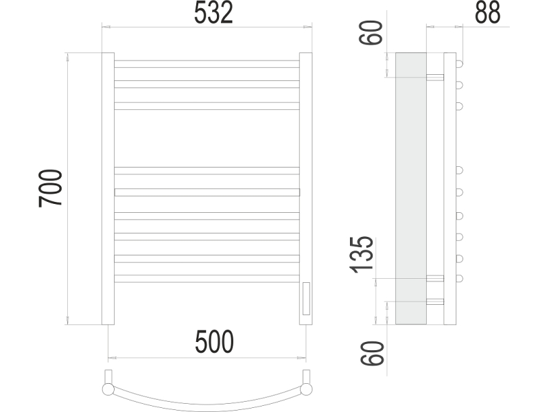 Купить Полотенцесушитель электрический Terminus Классик П9 500х700 (sensor quick touch), ширина 53.2 см, высота 70 см, белый матовый RAL 9003