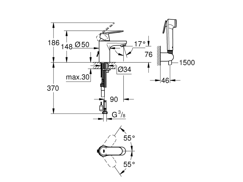 Купить Смеситель Grohe Eurosmart Cosmopolitan 23125000 для раковины с гигиеническим душем