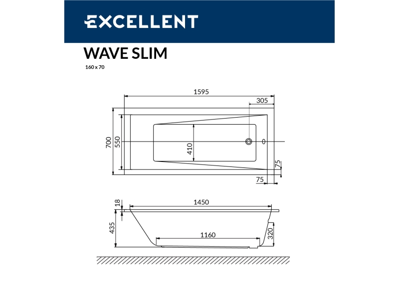 Купить Ванна акриловая Excellent Wave Slim 160 х 70 см, цвет белый, WAEX.WAV16WHS