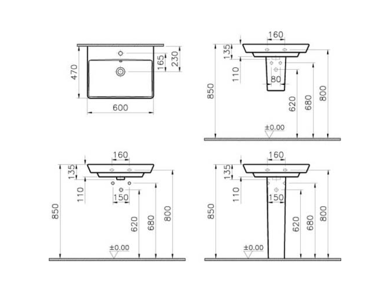 Купить Раковина Vitra T4 4451B003-0001 60 см подвесная, 1 отверстие для смесителя, с переливом