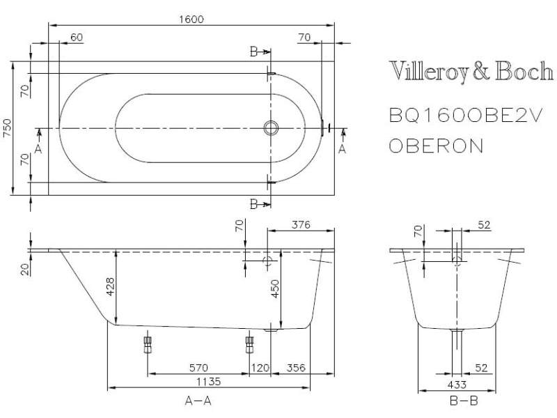 Купить Квариловая ванна Villeroy&Boch Oberon 160 x 75 см UBQ160OBE2V-01, Quaryl®, alpin без отверстия и перелива