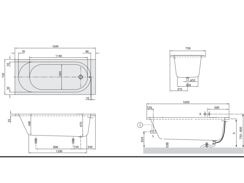 Купить Ванна Villeroy&Boch O.novo UBA170CAS2V-01 Solo 170 x 75 см в комплекте с ножками, alpin