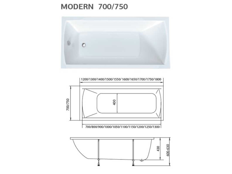 Купить Акриловая ванна 1MarKa Modern 170 x 75 см, прямоугольная, белая, 01мод1775