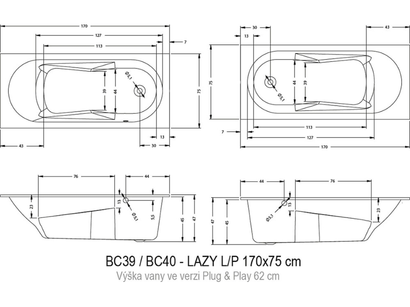 Купить Акриловая ванна Riho Lazy B080001005/BC3900500000000 L/R 170 x 75 см