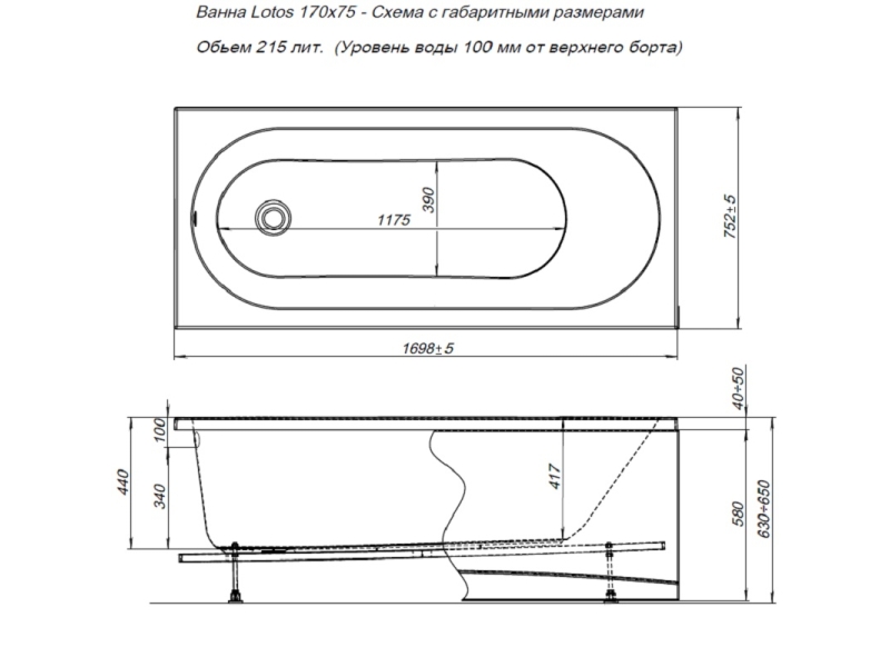 Купить Ванна акриловая Aquanet Lotos, 170 х 75 см, цвет белый, 309624