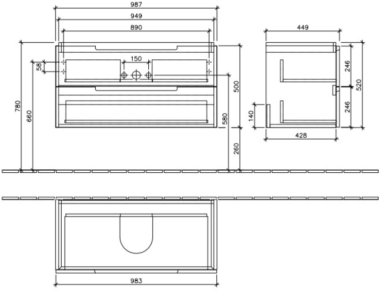 Купить Тумба под раковину Villeroy&Boch Subway 2.0 A697 00FQ, дуб графит, Ш98,7*В52*Г44,9 см