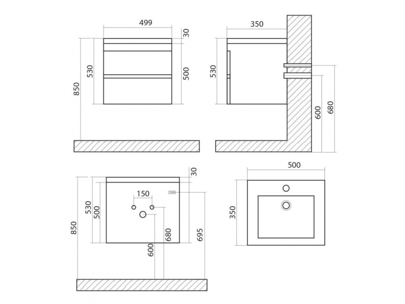 Купить Тумба под раковину Art&Max Family-500-2C-SO-CV, 50 x 35 x 50 см подвесная, серый