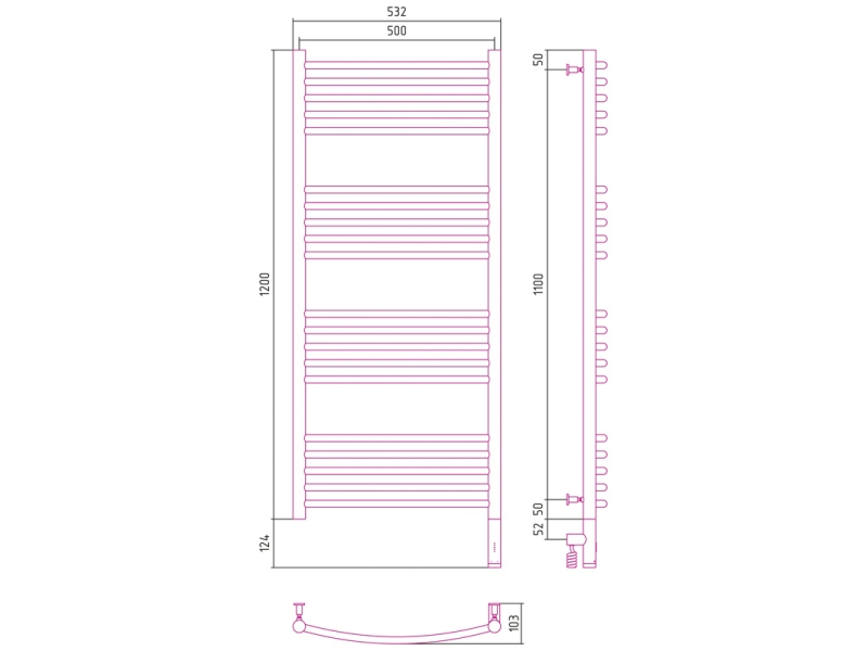Купить Полотенцесушитель электрический Сунержа Богема 3.0 выгнутая 1200х500, ширина 53.2 см, высота 132.4 см, без покрытия, МЭМ правый, 00-5803-1250