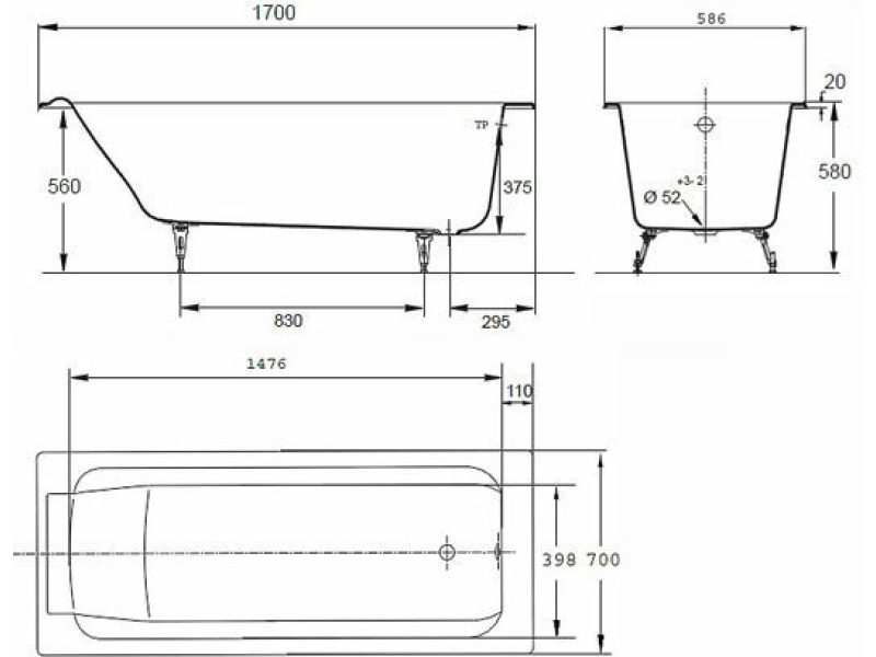 Купить Чугунная ванна Jacob Delafon Parallel 170x70 E2947-S-00 (без противоскользящего покрытия)