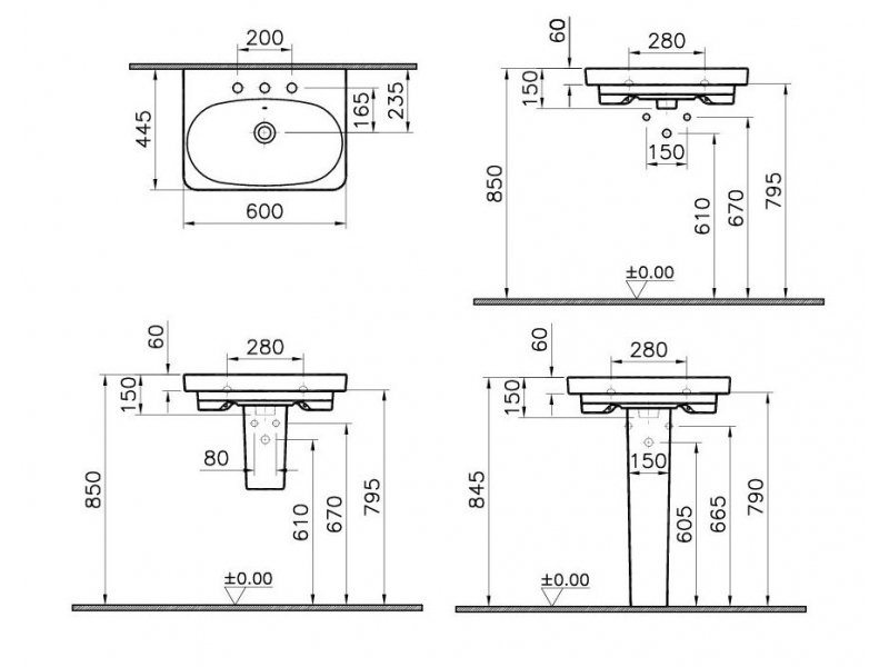 Купить Раковина Vitra Nest 5681B003-0033 60 см, подвесная, с 3 отверстиями, с переливом