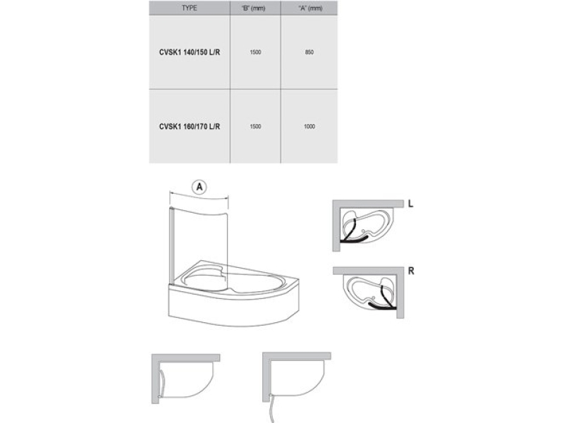 Купить Шторка для ванны Ravak CVSK1 160/170 L Rosa 7QLS0100Y1 (белый + транспарент)