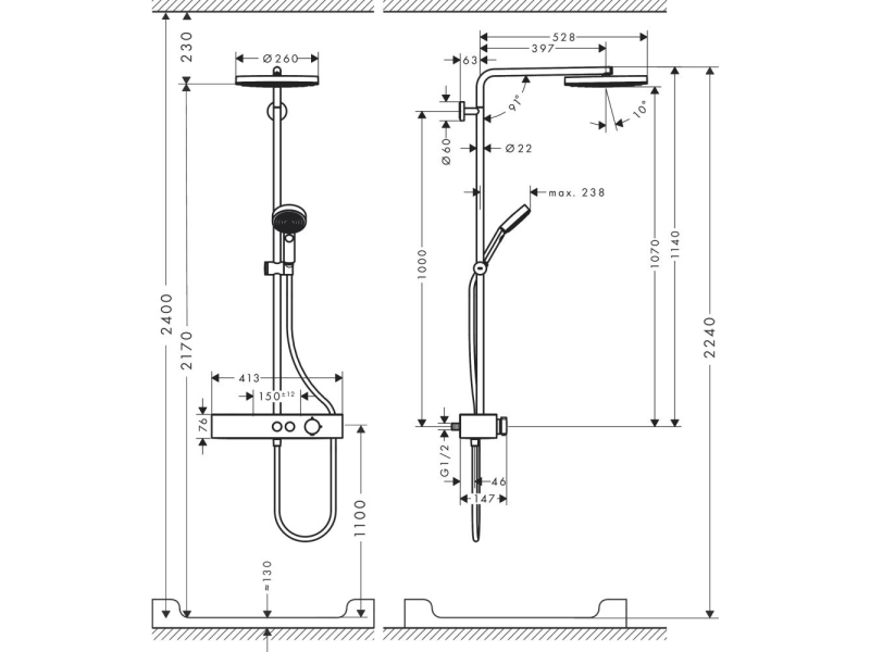 Купить 24220000 HG Pulsify Showerpipe 260 1jet термостатическая душевая система