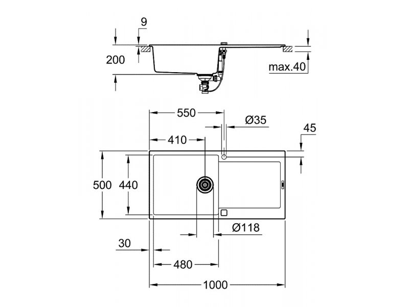 Купить Мойка кухонная из искусственного гранита Grohe K500, 31645AP0, 100 x 50 см, с корзинчатым фильтром и донным клапаном, черный гранит