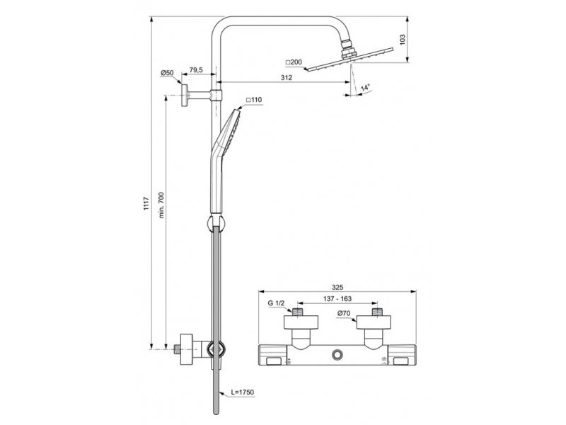 Купить Душевая система Ideal Standard Ceratherm T100 с термостатическая, хром, A7240AA