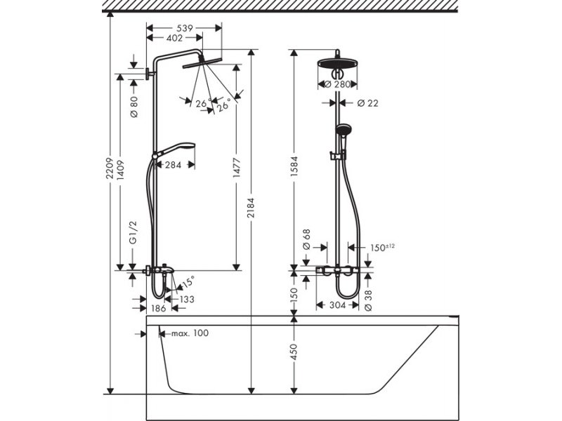 Купить Душевая система Hansgrohe Croma Select S 280 26792000, SHP Wanne chrom