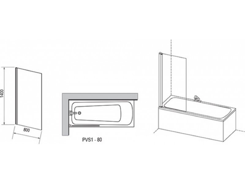 Купить Шторка для ванны Ravak PVS1-80, 80 х 140 см, профиль черный, витраж транспарент, 79840300Z1