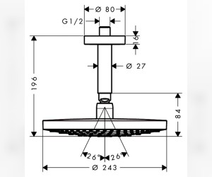 Верхний душ Hansgrohe Raindance Select 26469000 EcoSmart, 24х24 см, 2 режима струи, с держателем