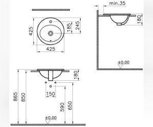 Раковина Vitra S 20 5466B003-0001, 42.5 x 42.5 см, встраиваемая сверху