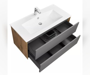 Тумба под раковину Акватон Сохо 100 см подвесная, дуб веллингтон/графит софт, 1A258201AJA00