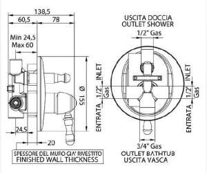 Смеситель Bandini Antico 854620KO01 для ванны/душа, хром-золото/ручка металлическая Antico