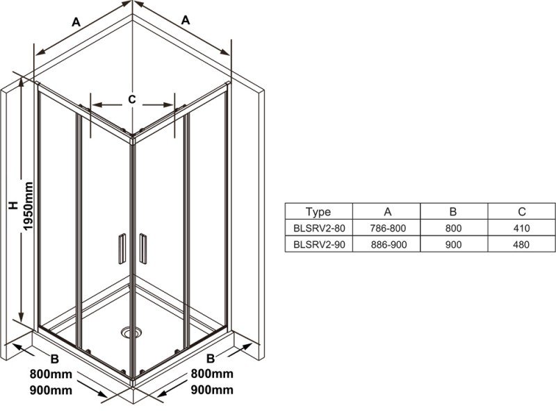 Душевой уголок Ravak Blix Slim BLSRV2-90, 90 х 90 см, профиль блестящий ,витраж транспарент, X1LM70C00Z1