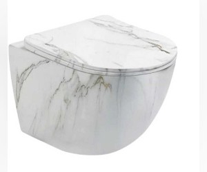 Подвесной унитаз Ceramalux безободковый, крышка микролифт, белый мрамор, 2213-K