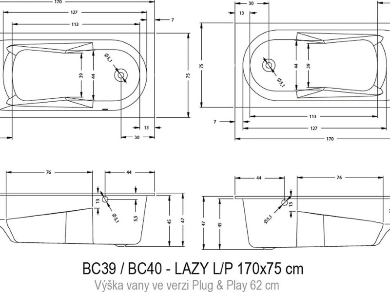 Акриловая ванна Riho Lazy B080001005/BC3900500000000 L/R 170 x 75 см