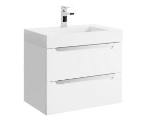 Подвесная тумба в белом матовом цвете с двумя ящиками с умывальником из литьевого мрамора