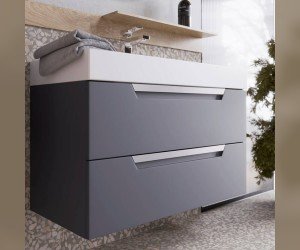 Подвесная тумба в сером матовом цвете с двумя ящиками с умывальником из литьевого мрамора