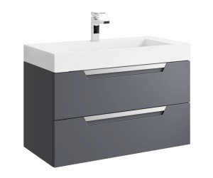 Подвесная тумба в сером матовом цвете с двумя ящиками с умывальником из литьевого мрамора