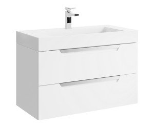 Подвесная тумба в белом матовом цвете с двумя ящиками с умывальником из литьевого мрамора