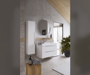 Подвесная тумба в белом матовом цвете с двумя ящиками с умывальником из литьевого мрамора